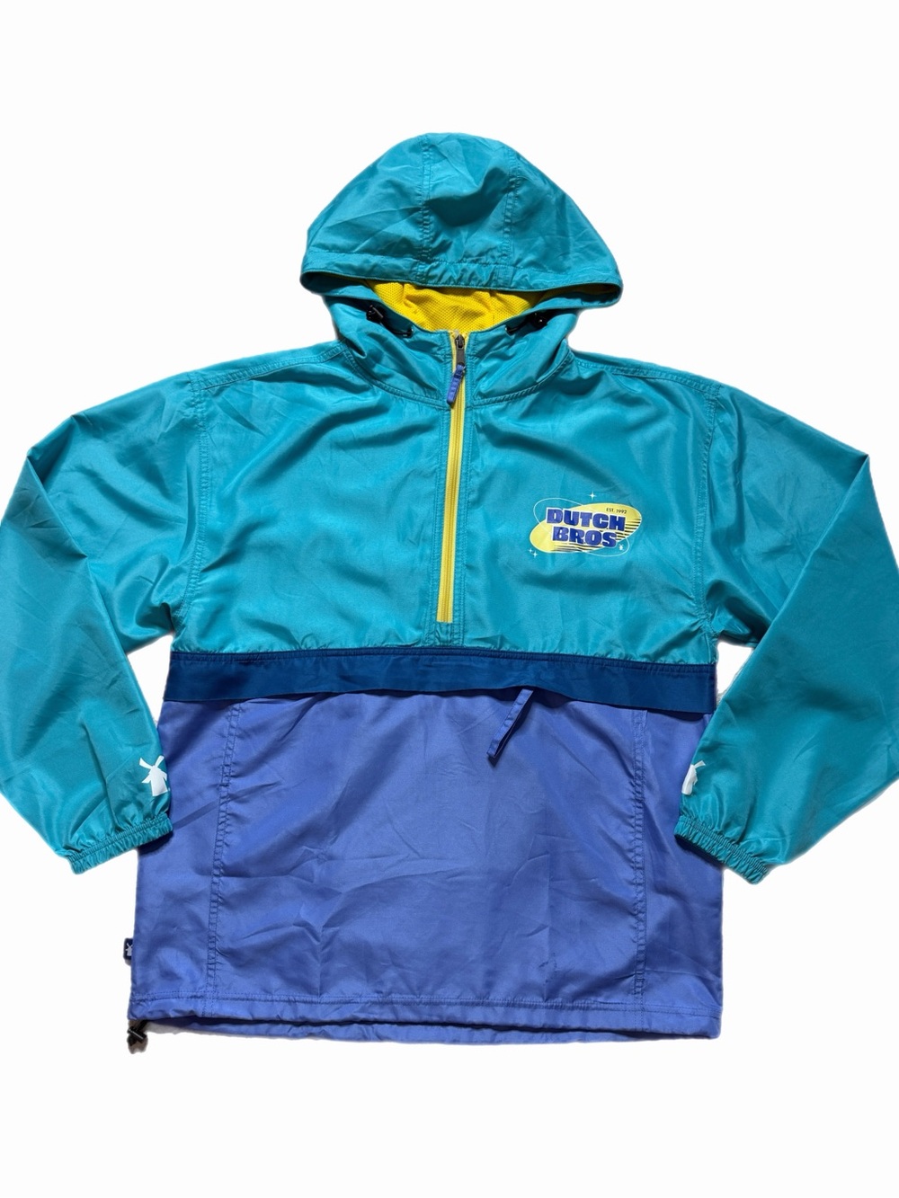 Dutch Bros Coffee Windbreaker Jacket L Teal Blue Colorblock Gorpcore Outdoor